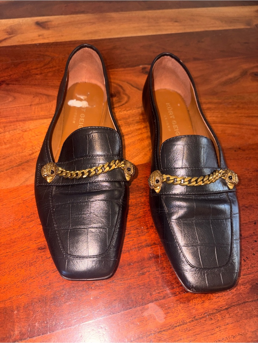 Kurt Geiger Black Croc-Embossed Leather Loafers with Gold Chain Detail